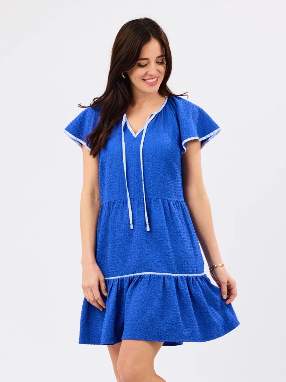 Women's Royal Blue Ruffle-Sleeve Casual Seersucker Dress with Tie Neck
